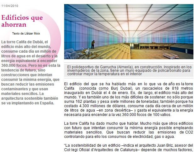 Pabellón de Garrucha en "Edificios que ahorran" por Llàtzer Moix. La Vanguardia 11/04/2010 en Reportajes / Sociedad